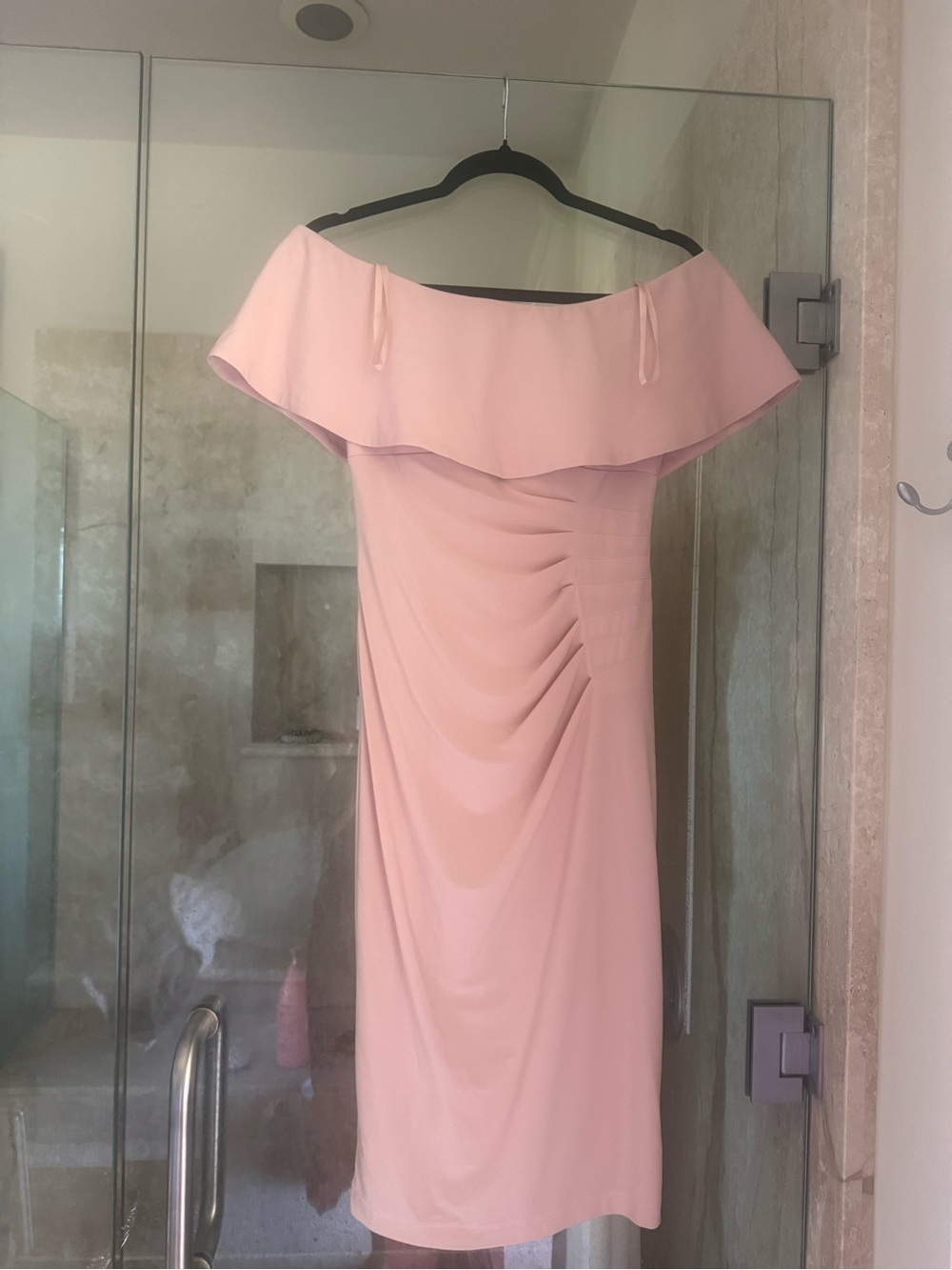 Xscape One-Shoulder Ruffled Midi Dress in Blush Pink